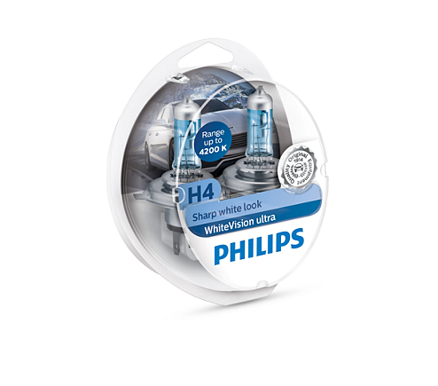 Λάμπες Philips White Vision Ultra NEW Sharp White Look H4 4300K 12V 55W Κωδικός 12342WVUSM Τιμή Ζεύγους: 25 ευρώ