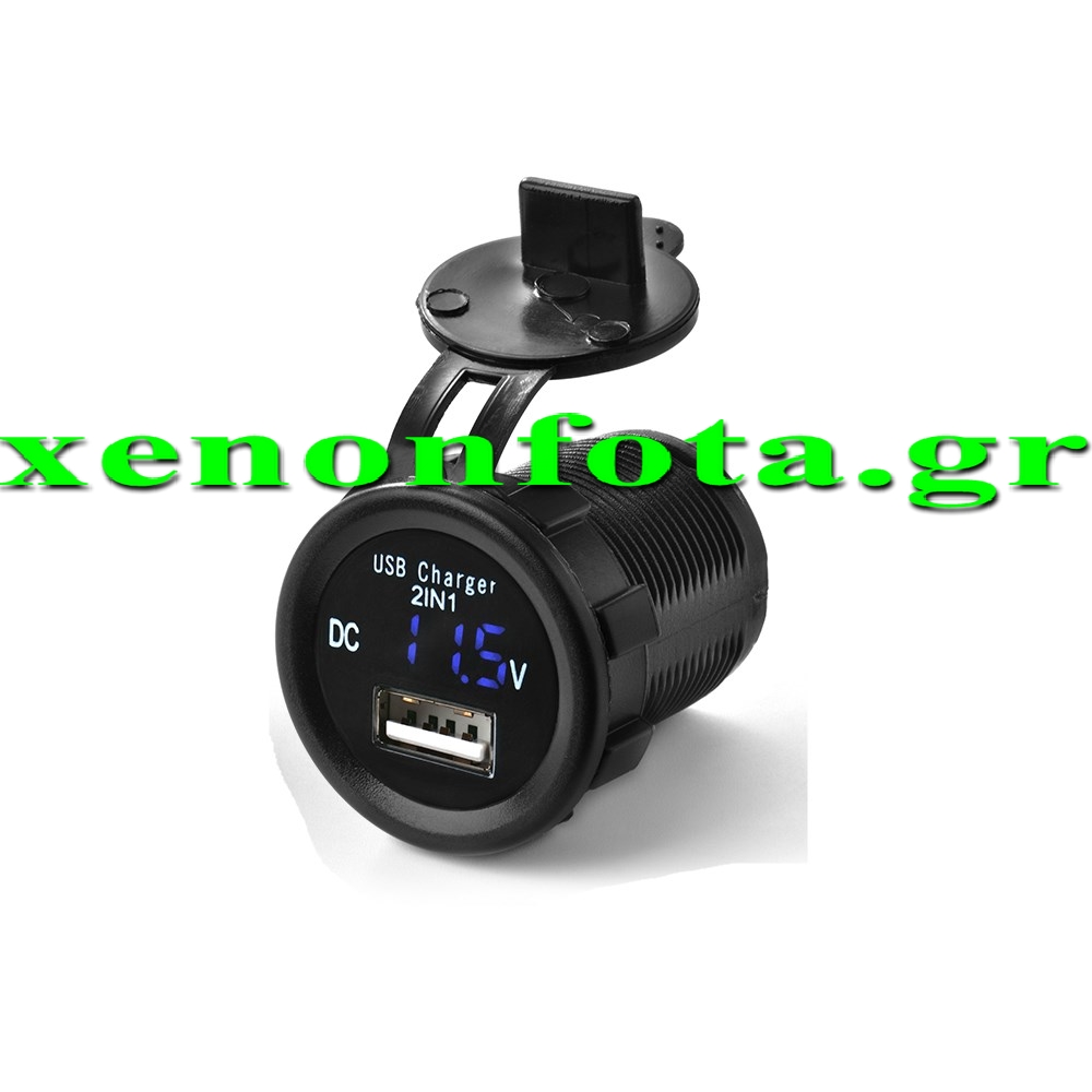 Βολτόμετρο με 1 θύρα USB 5V 2.1A Μπλε φως Κωδικός XF157